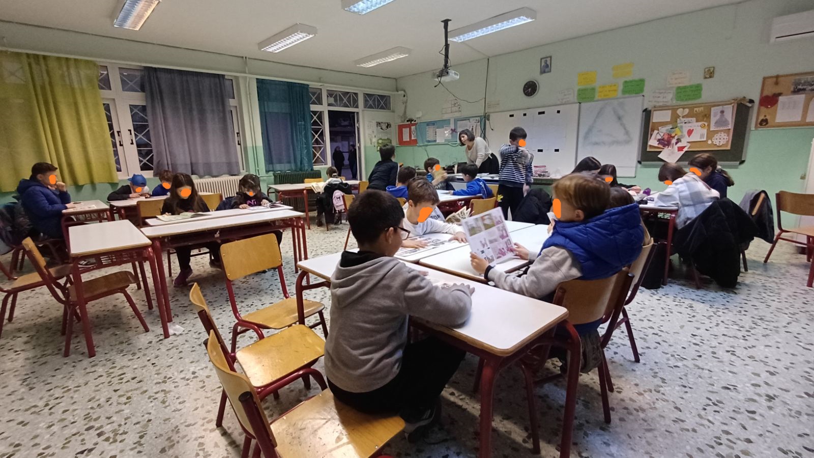 Two young scouts in uniforms exploring a forest with a map by a stream.